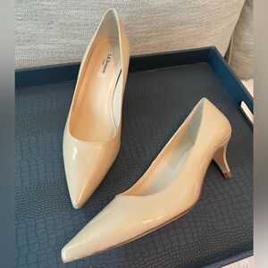 Classic ivory patent leather, kitten heel pumps by L.K. Bennett